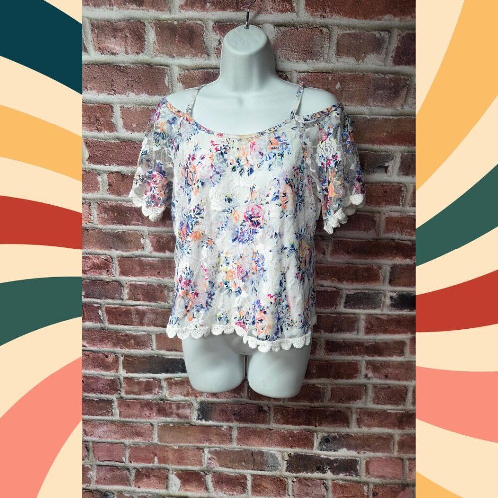 Self-Esteem White & Blue Off-Shoulder Cropped Blouse‎ – Women’s Large